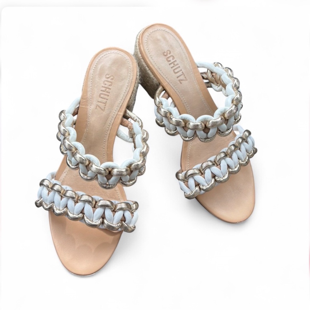 SCHUTZ Women's Cream and Gold Sandals Kitten Heel #resort #glamour